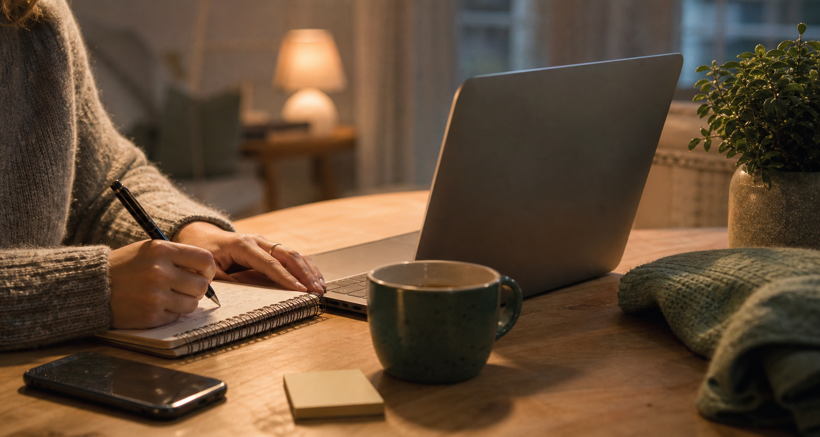 A warm table scene with a notebook, laptop, phone, and cup of tea